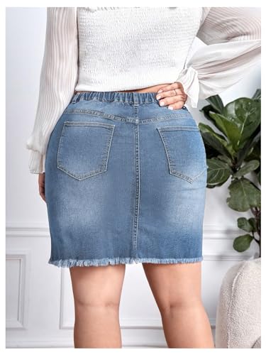 Women's Plus Size Denim Skirt High Waisted Elastic Drawstring Waist Raw Hem Ripped Vintage Short Jean Skirt
