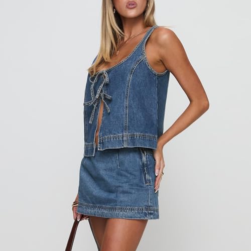 Women??s Tie Front Denim Jean Vest Top and Mini Skirt 2-Piece Set Summer Trendy Going Out Outfits Clothes 2025
