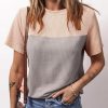 Womens Color Block Fashion Short Sleeve Crewneck Knitted Spring Summer Casual Loose T Shirts Tops