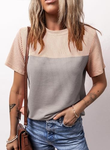 Womens Color Block Fashion Short Sleeve Crewneck Knitted Spring Summer Casual Loose T Shirts Tops