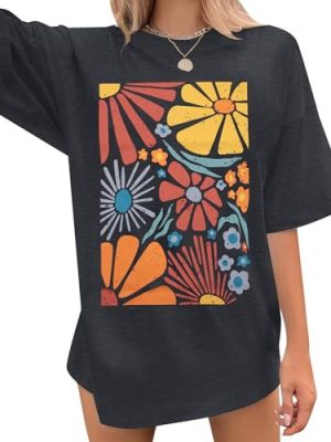 Womens Oversized Tshirt Flower Graphic Tees Boho Hiking T Shirt Vintage Wildflower Shirts Summer Casual Beach Tops