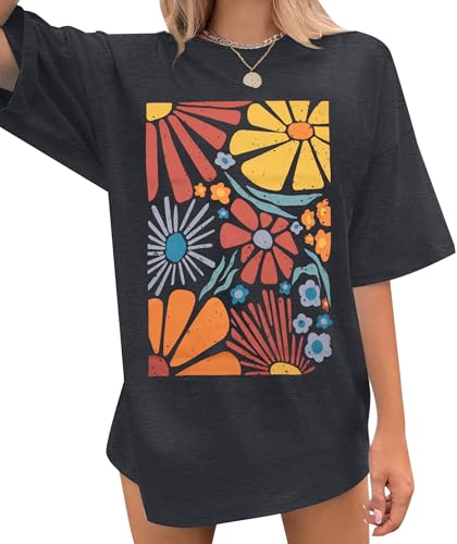 Womens Oversized Tshirt Flower Graphic Tees Boho Hiking T Shirt Vintage Wildflower Shirts Summer Casual Beach Tops