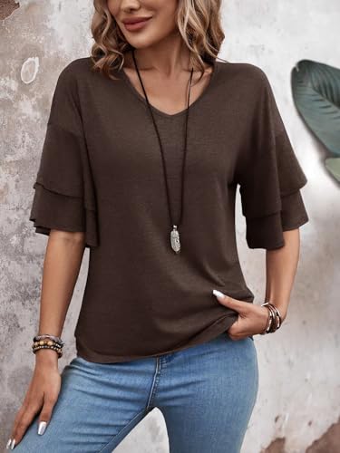 41Nl8vj5J6L.jpg Womens Top Ruffle Sleeve Blouses V Neck T Shirts Casual Outfit Bell Sleeve Tee Spring Fall Summer Fashion Clothes Cute Tunic