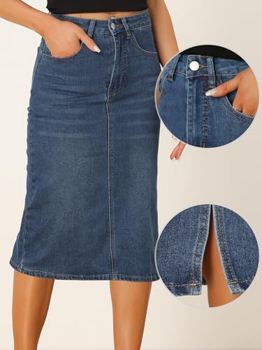 Casual Denim Skirt for Women's High Waist Split Back Pockets Midi Jean Skirts