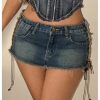 Women's Lace Up Side Bodycon Denim Mini Skirt Y2k Low Rise Frayed Hem Jean Skirts
