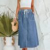 41OEv34s-3L.jpg Denim Skirts for Women Trendy A Line Long Maxi Pull On Elastic Waist Drawstring Stretchy Jean Skirt with Pockets