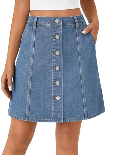 Women's Button Down High Waisted A Line Jean Mini Denim Skirt with Pockets