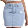 Casual Jean Skirts for Women Denim Mini Skirt Ripped Mid Waist Jean Skirt Frayed Raw Hem Denim Skirts