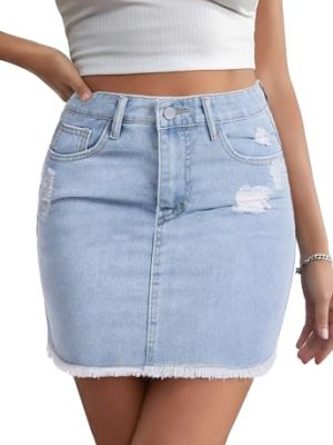 Casual Jean Skirts for Women Denim Mini Skirt Ripped Mid Waist Jean Skirt Frayed Raw Hem Denim Skirts
