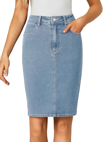 41P8CkadFDL.jpg Women's Casual Stretch High Waist Back Slit Denim Jean Knee Length Skirt