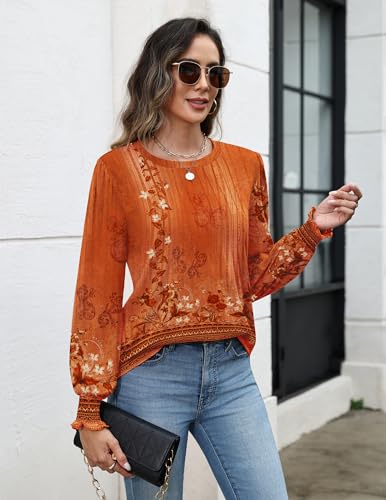 Womens Tops Puff Long Sleeve Shirts Dressy Casual Crew Neck Pleated Summer Fall Work Blouses S-3XL