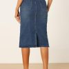 Casual Denim Skirt for Women's High Waist Split Back Pockets Midi Jean Skirts