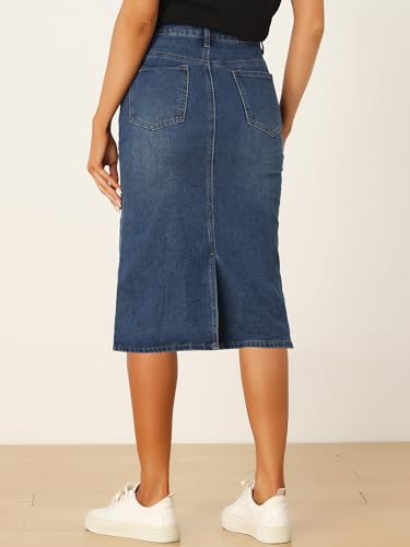 Casual Denim Skirt for Women's High Waist Split Back Pockets Midi Jean Skirts