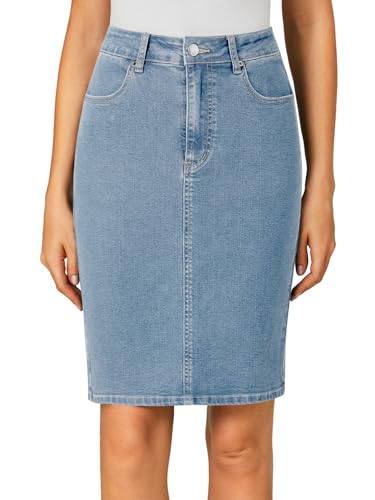 41Q9ur-6gYL.jpg Women's Casual Stretch High Waist Back Slit Denim Jean Knee Length Skirt