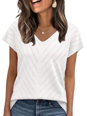 Short Sleeve Sweater for Women V Neck Trendy Summer Tops 2025 Beach Vacation Clothes Travel Business Casual Outfits
