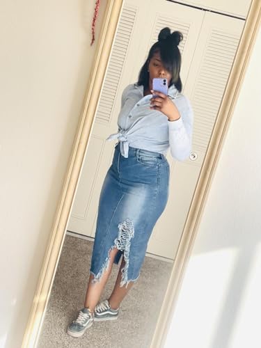Women's Casual Slit Denim Midi Jean Skirt Stretch High Waisted Button Up Frayed with Pockets