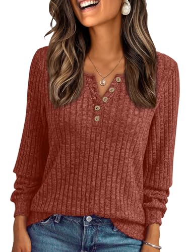 Long Sleeve Henley Shirts Women's Business Casual Lightweight Tunic Sweater Tops