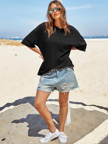 Womens Oversized Tshirts Summer Casual Short Sleeve Crew Neck T Shirt Loose Fit Side Slit Tee Tops