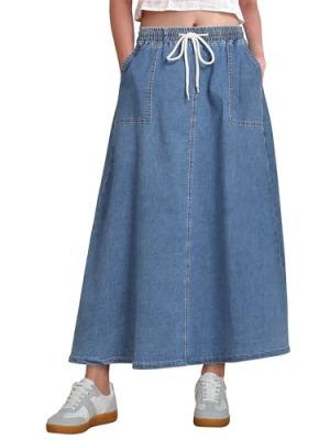 Denim Skirts for Women Trendy A Line Long Maxi Pull On Elastic Waist Drawstring Stretchy Jean Skirt with Pockets