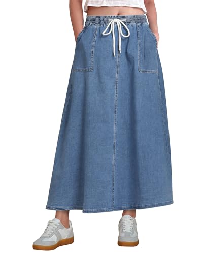 41RXOGxyX2L.jpg Denim Skirts for Women Trendy A Line Long Maxi Pull On Elastic Waist Drawstring Stretchy Jean Skirt with Pockets