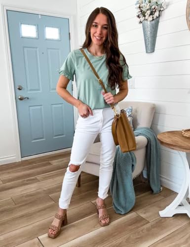 41SPlsG3KKL.jpg Women's Short Sleeve Casual T Shirts Summer Ruffle Plain Round Neck Loose Fit Tee Blouse Tops