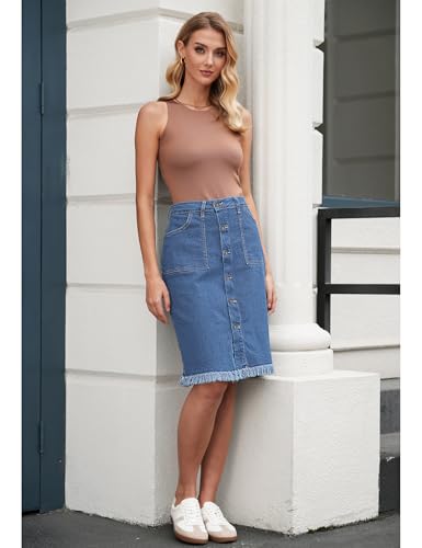 Jean Skirts for Women Button Down Distressed Raw Hem Casual Summer Stretchy Knee Length Denim Skirt with Pockets
