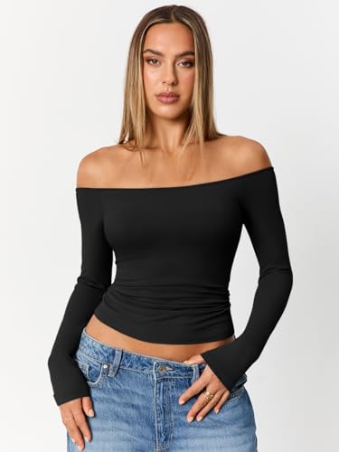 41T9yKGfgxL.jpg Womens Long Sleeve Off The Shoulder Tops Going Out Cute Basic Y2K Fall Fashion 2025 Outfits Clothes