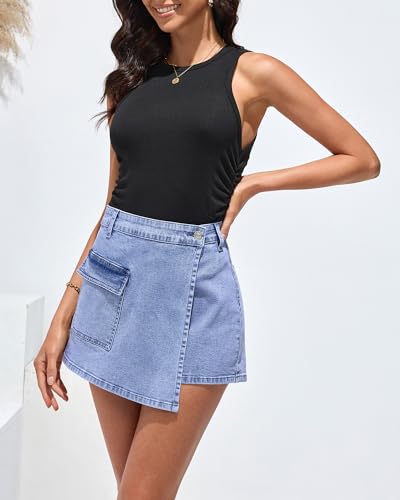 Denim Skorts for Woman Cargo Faux Wrap Jean Skort Skirts Stretchy High Waisted Skirt Shorts Country Concert Wear