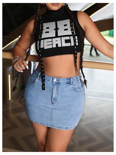 Women's Plus Size High Waisted Denim Mini Skirt Bodycon Jean Skirts with Pockets