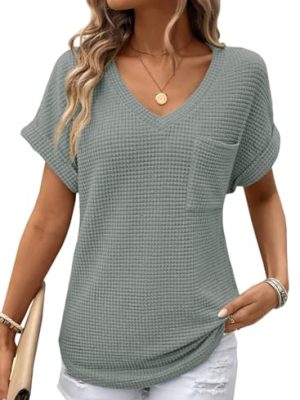 Womens Waffle Knit Tops 2025 Fall Summer V Neck Shirts Casual Trendy Women's Blouses Basic Tee