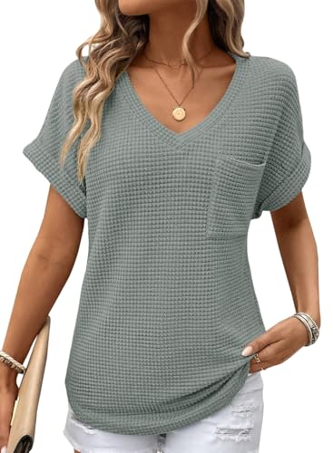 41U6uYaaVVL.jpg Womens Waffle Knit Tops 2025 Fall Summer V Neck Shirts Casual Trendy Women's Blouses Basic Tee