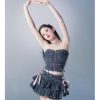 Y2K Women Ruffle Hem Blue Jean Pleated Mini Skirt - Denim Bustier Top Suit