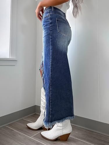 Womens' High Waist Midi Stylish Raw Hem Split Asymmetrical Wash Denim Skirt