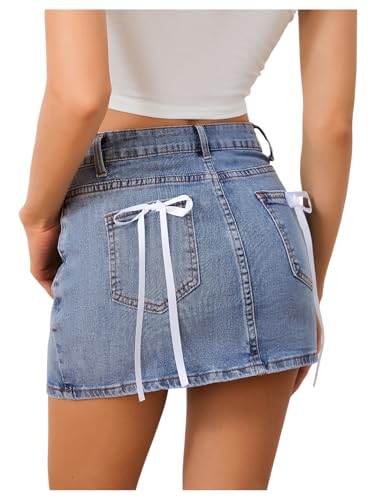 41VEfZzDHkL.jpg Women's Denim Skirt High Waist Bow Pocket Bodycon Y2K Mini Jean Skirts