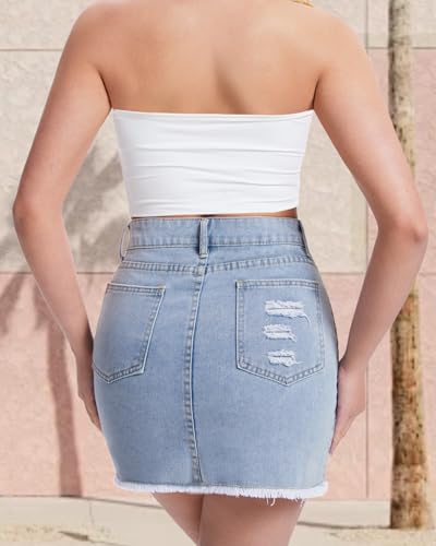 Casual Jean Skirts for Women Denim Mini Skirt Ripped Mid Waist Jean Skirt Frayed Raw Hem Denim Skirts
