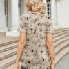 Womens Short Sleeve Tops Summer Henley V-Neck Tshirts Casual Pleated Blouse Dressy Loose Floral Basic Tee