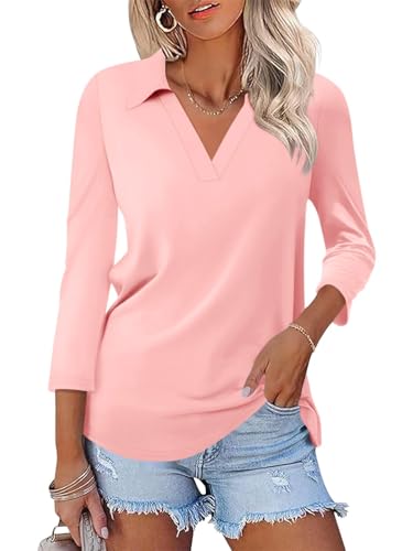Womens V Neck Polo Shirts 3/4 Sleeve Collared Tops Business Casual Summer Tops Trendy Loose
