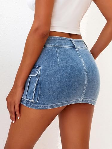 41WCopX5eyL.jpg High Stretchy Cargo Skirt for Women, Low Waist Y2k Mini Skirt Cute Denim Skirt with Pockets