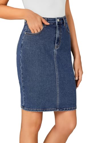 Women's Casual Stretch High Waist Bodycon Denim Jean Midi Skirt with Pockets