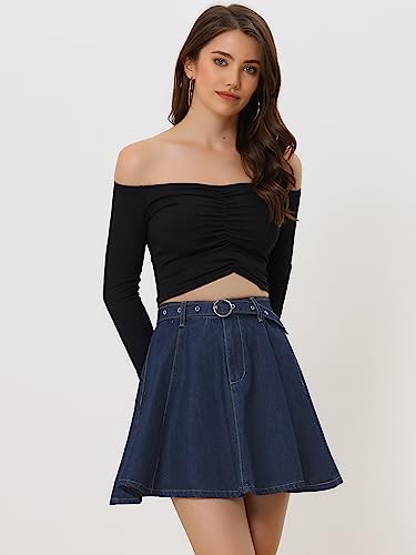 Women's Casual Denim Skirt High Waist A-Line Flared Mini Jean Skirts with Belt