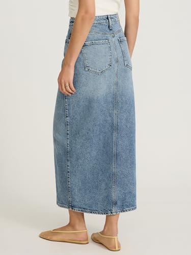 Women??s Maxi Denim Skirt ?C High Waisted Stretch Jean Skirt with Front Slit ?C Medium Wash