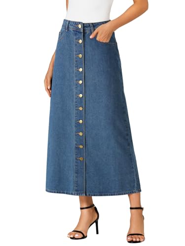 Women's Casual Button Down High Waisted A Line Jean Midi Long Denim Skirt with Pockets