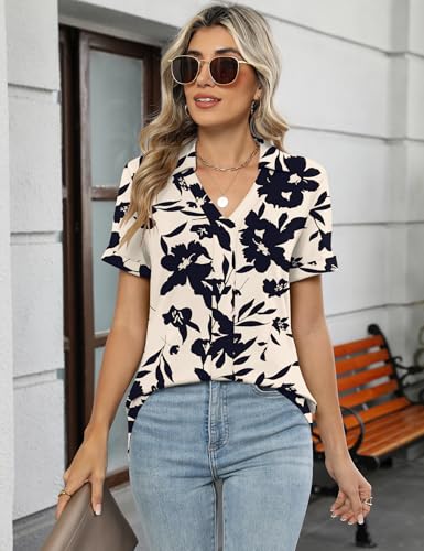 Womens Polo Shirts Dressy V Neck Business Casual Tops Lapel Collar Short Sleeve Summer Shirts Loose Fit Work Blouses