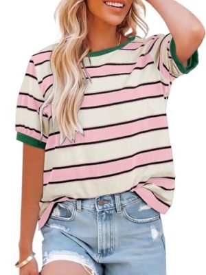 Womens Summer Tops 2025 Striped Color Block Short Sleeve T-Shirts Crewneck Casual Loose Basic Tee Blouses