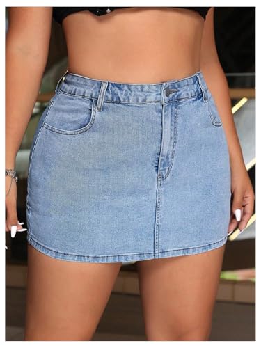 Women's Plus Size High Waisted Denim Mini Skirt Bodycon Jean Skirts with Pockets