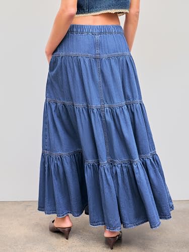 Women??s Long Jean Denim Tiered Button Down High Waisted Maxi Skirts