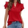 Womens Dressy Casual Tops Ruffle Short Sleeve V Neck Shirts Elegant Business Work Blouse