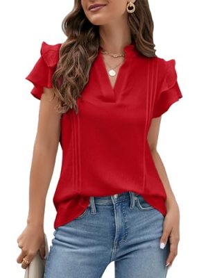 Womens Dressy Casual Tops Ruffle Short Sleeve V Neck Shirts Elegant Business Work Blouse