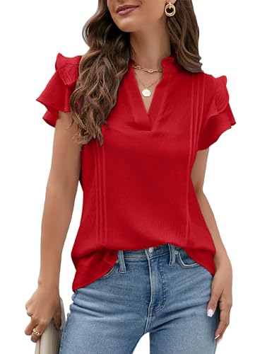 Womens Dressy Casual Tops Ruffle Short Sleeve V Neck Shirts Elegant Business Work Blouse