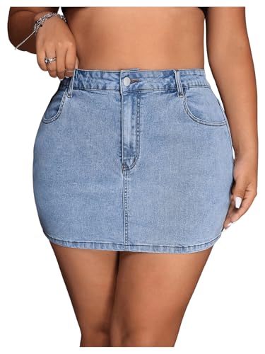 Women's Plus Size High Waisted Denim Mini Skirt Bodycon Jean Skirts with Pockets